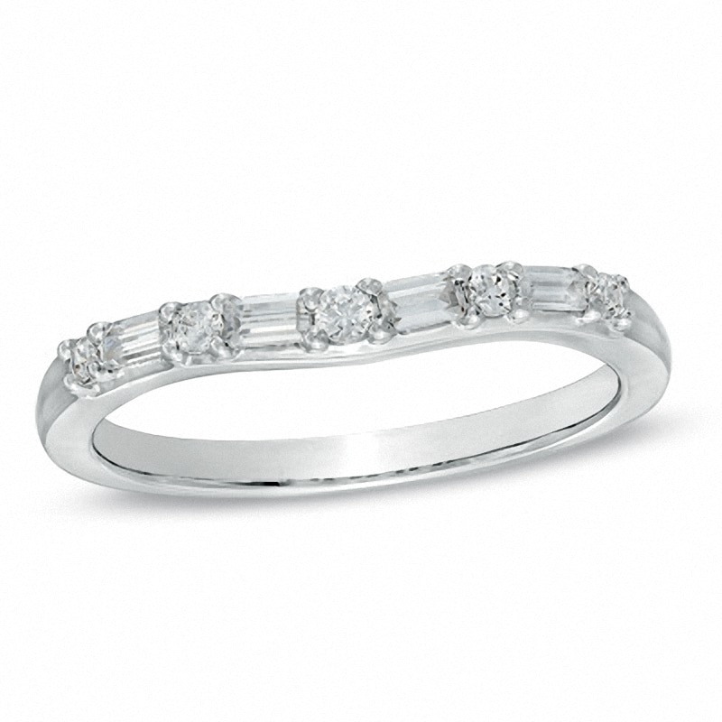 Main Image 1 of Previously Owned - 1/4 CT. T.W. Baguette and Round Diamond Alternating Contour Wedding Band in 14K White Gold