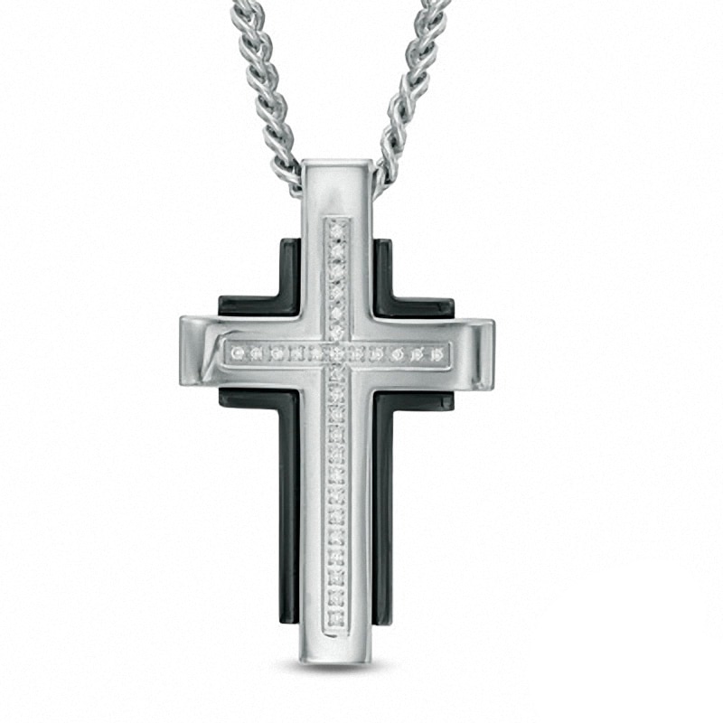 Main Image 1 of Previously Owned - Men's Diamond Accent Cross Pendant in Two-Tone Stainless Steel - 24"