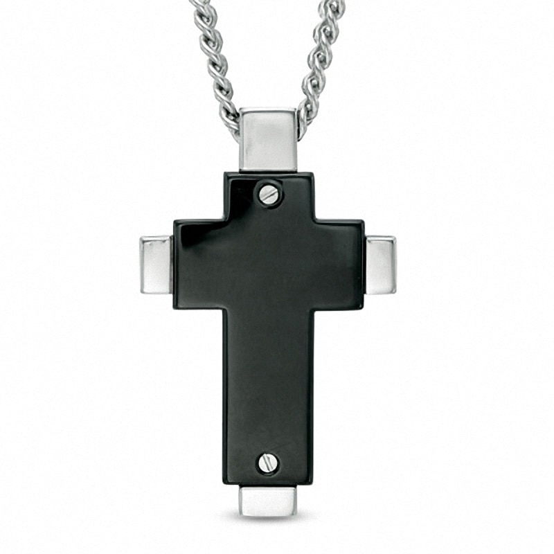 Main Image 2 of Previously Owned - Men's Diamond Accent Cross Pendant in Two-Tone Stainless Steel - 24"