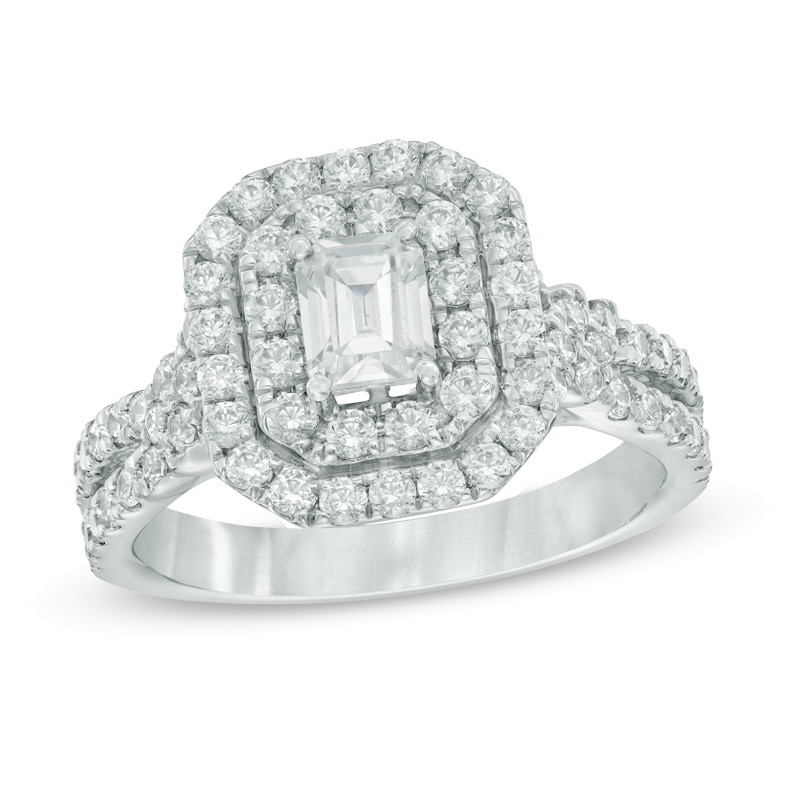 Main Image 1 of Previously Owned - 1-1/2 CT. T.W. Emerald-Cut Diamond Frame Engagement Ring in 14K White Gold (I/I1)