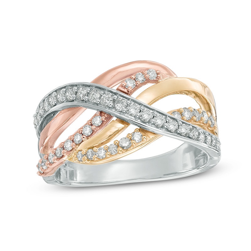Main Image 1 of Previously Owned - 1/2 CT. T.W. Diamond Woven Crossover Ring in 10K Tri-Tone Gold