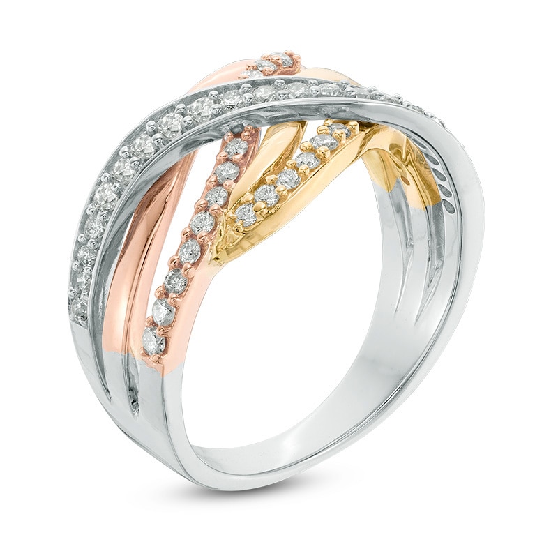 Main Image 2 of Previously Owned - 1/2 CT. T.W. Diamond Woven Crossover Ring in 10K Tri-Tone Gold