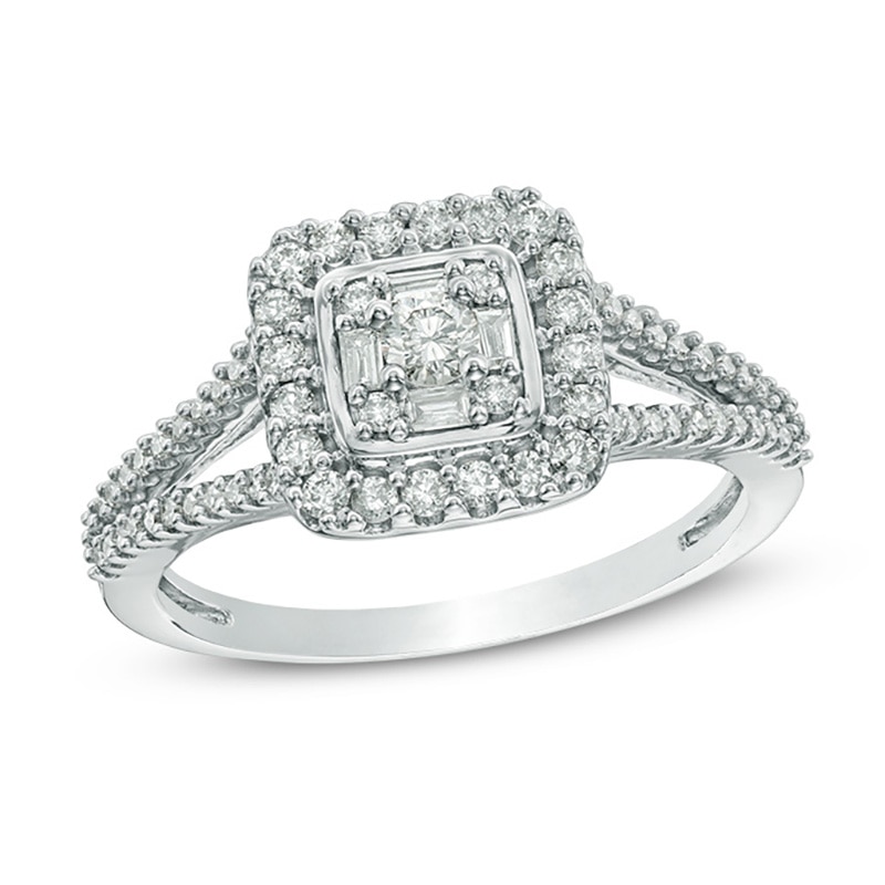 Main Image 1 of Previously Owned - 1/2 CT. T.W. Diamond Square Frame Split Shank Ring in 10K White Gold