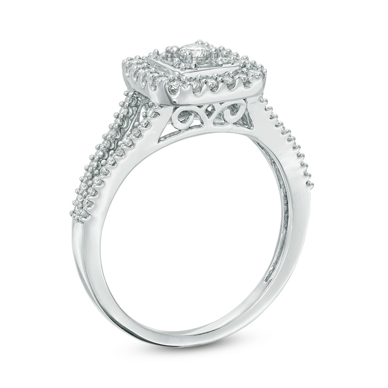 Main Image 2 of Previously Owned - 1/2 CT. T.W. Diamond Square Frame Split Shank Ring in 10K White Gold