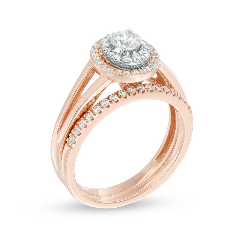 Main Image 2 of Previously Owned - 3/4 CT. T.W. Diamond Double Oval Frame Split Shank Bridal Set in 10K Rose Gold
