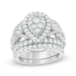 Previously Owned - 3 CT. T.W. Composite Diamond Pear-Shaped Frame Three Piece Bridal Set in 14K White Gold