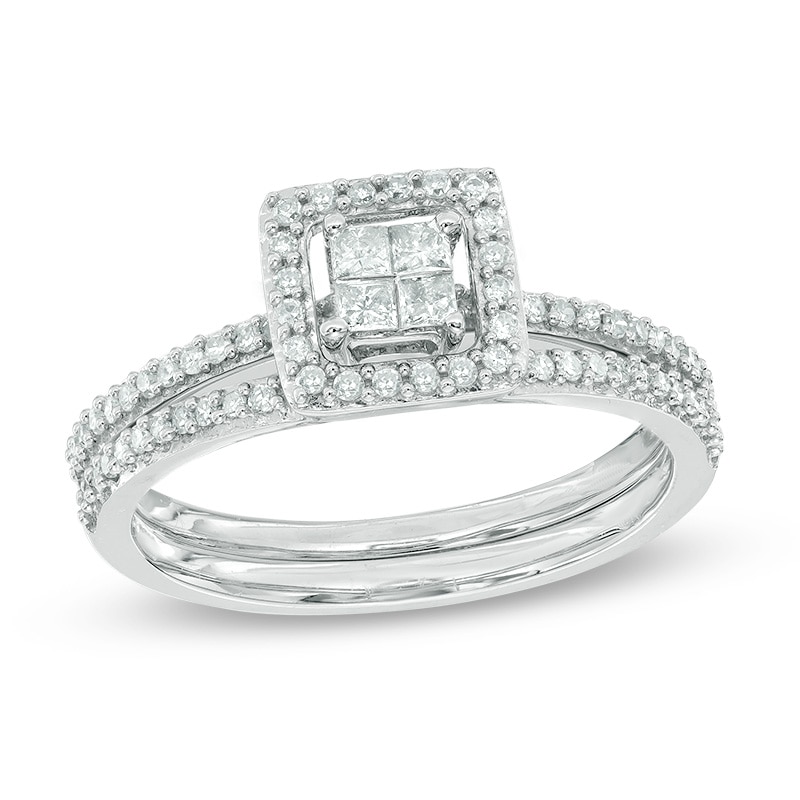 Previously Owned - 1/2 CT. T.W. Quad Princess-Cut Diamond Frame Bridal Set in 10K White Gold