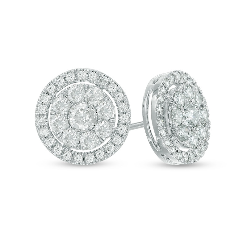 Main Image 1 of Previously Owned - 1 CT. T.W. Diamond Cluster Frame Stud Earrings in 10K White Gold