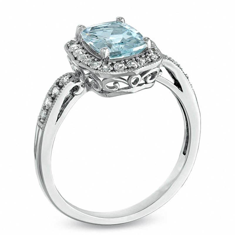 Main Image 2 of Previously Owned - Cushion-Cut Aquamarine and Lab-Created White Sapphire Ring in Sterling Silver