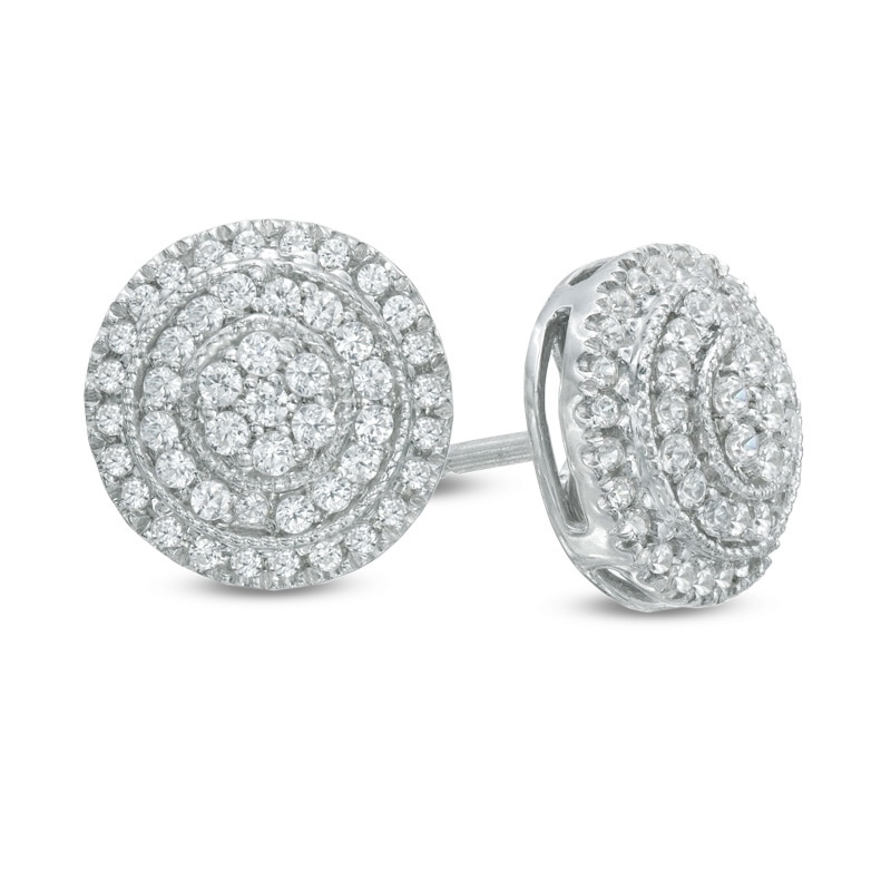 Main Image 1 of Previously Owned - 1/2 CT. T.W. Diamond Layered Circle Stud Earrings in 10K White Gold