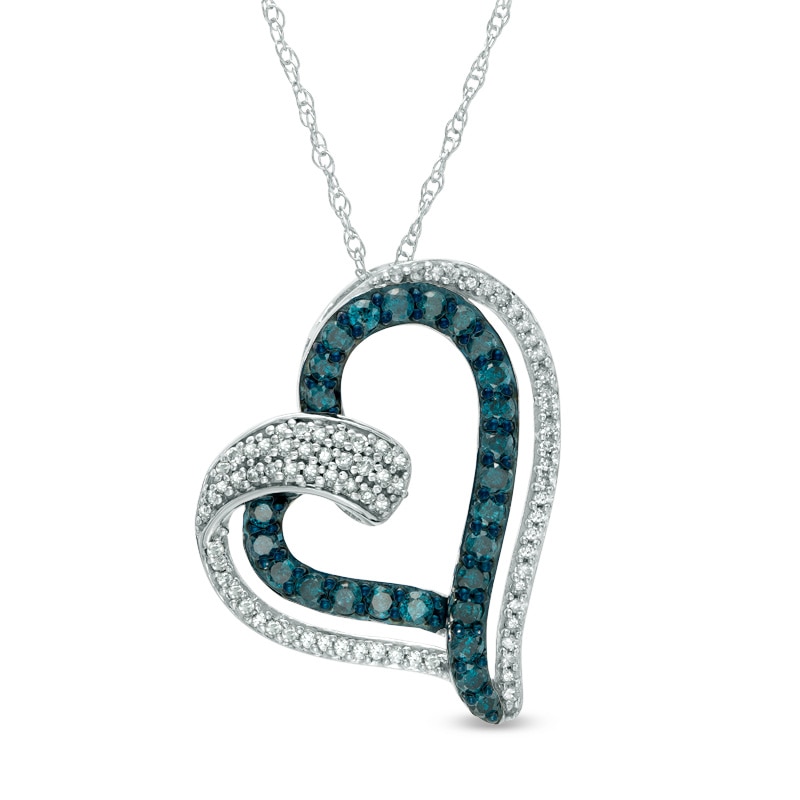 Main Image 1 of Previously Owned - 1/2 CT. T.W. Enhanced Blue and White Diamond Tilted Double Heart Pendant in 10K White Gold