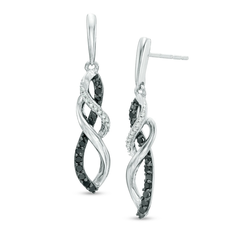 Previously Owned - 1/4 CT. T.W. Enhanced Black and White Diamond Twist Drop Earrings in 10K White Gold