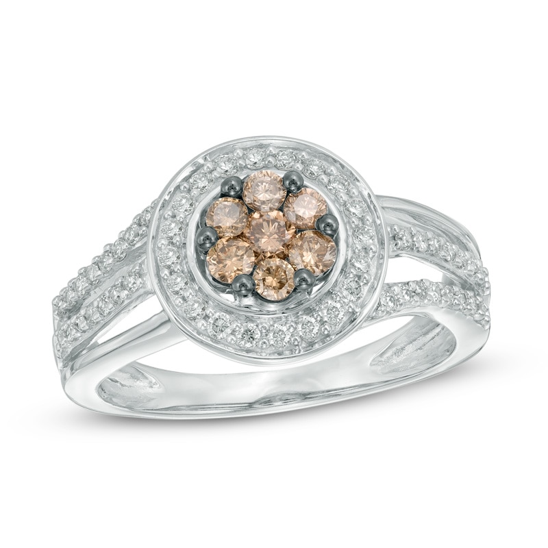 Previously Owned - 5/8 CT. T.W. Champagne and White Diamond Cluster Frame Ring in 14K White Gold