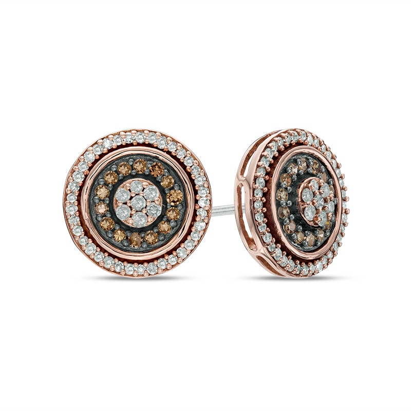 Previously Owned - 1/2 CT. T.W. Champagne and White Diamond Double Frame Cluster Stud Earrings in 10K Rose Gold