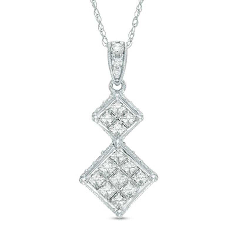 Main Image 1 of Previously Owned - 1 CT. T.W. Princess-Cut Double Composite Diamond Pendant in 10K White Gold
