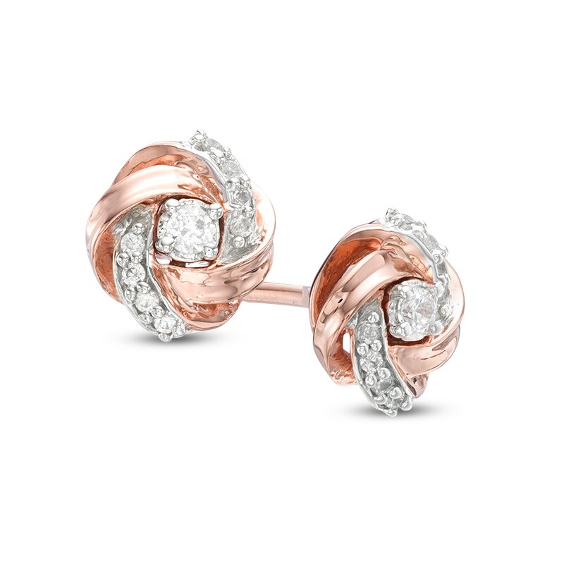 Main Image 1 of Previously Owned - 1/8 CT. T.W. Diamond Love Knot Stud Earrings in 10K Rose Gold