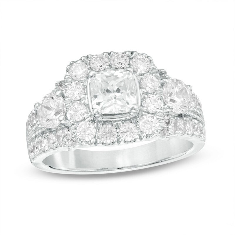 Main Image 1 of Previously Owned - Celebration Ideal 2 CT. T.W. Diamond Frame Three Stone Engagement Ring in 14K White Gold (I/I1)