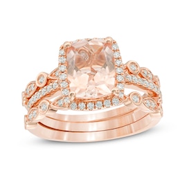 Previously Owned - Morganite and 3/8 CT. T.W. Diamond Frame Art Deco Three Piece Bridal Set in 14K Rose Gold