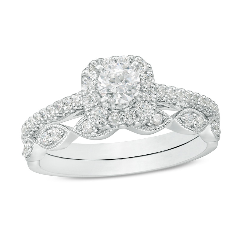 Previously Owned - 3/4 CT. T.W. Diamond Cushion Frame Vintage-Inspired Bridal Set in 10K White Gold