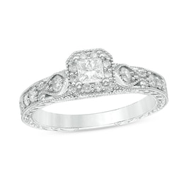 Previously Owned - 1/2 CT. T.W. Princess-Cut Diamond Frame Vintage-Style Engagement Ring in 10K White Gold