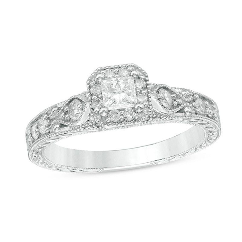 Main Image 1 of Previously Owned - 1/2 CT. T.W. Princess-Cut Diamond Frame Vintage-Style Engagement Ring in 10K White Gold