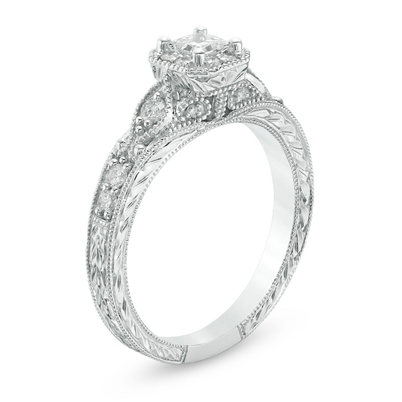 Main Image 2 of Previously Owned - 1/2 CT. T.W. Princess-Cut Diamond Frame Vintage-Style Engagement Ring in 10K White Gold