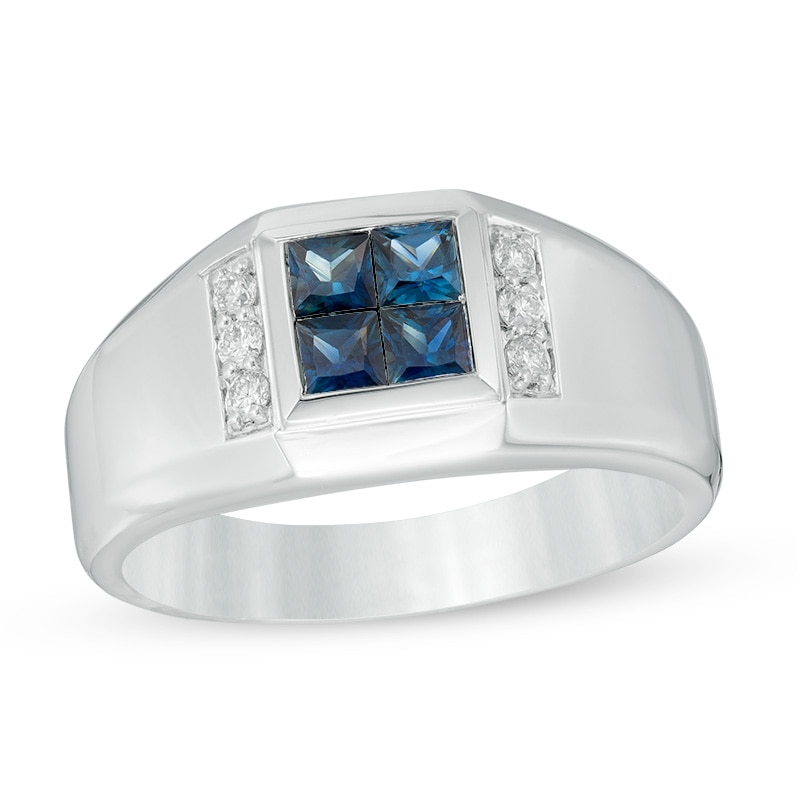 Previously Owned - Men's Quad Square Sapphire and 1/8 CT. T.W. Diamond Ring in 10K White Gold