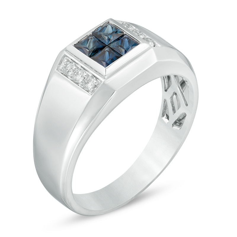 Previously Owned - Men's Quad Square Sapphire and 1/8 CT. T.W. Diamond Ring in 10K White Gold