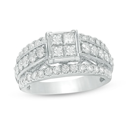 Previously Owned - 2 CT. T.W. Quad Princess-Cut Diamond Three Row Engagement Ring in 14K White Gold