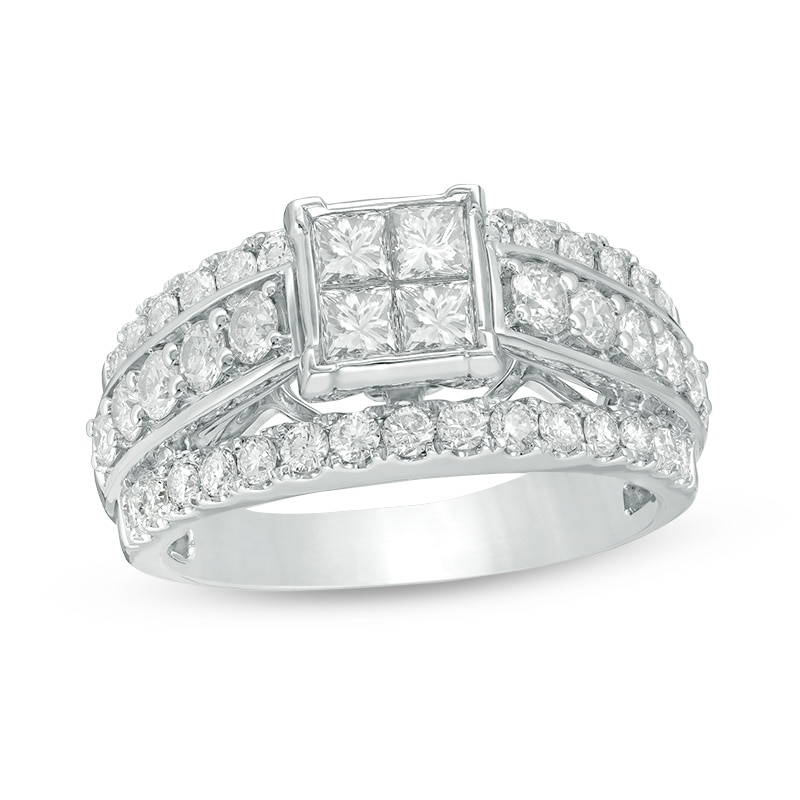 Main Image 1 of Previously Owned - 2 CT. T.W. Quad Princess-Cut Diamond Three Row Engagement Ring in 14K White Gold