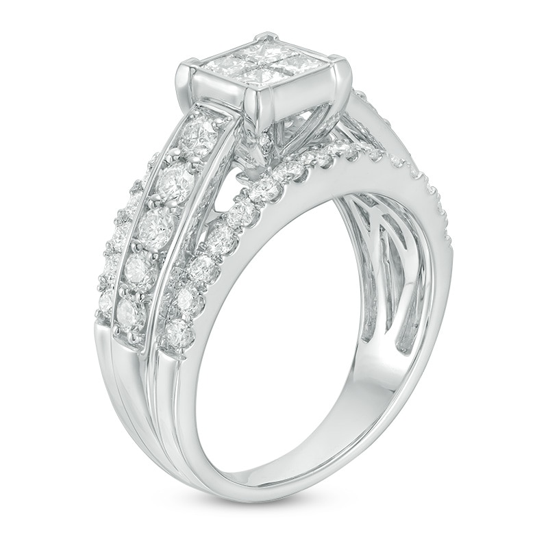 Main Image 2 of Previously Owned - 2 CT. T.W. Quad Princess-Cut Diamond Three Row Engagement Ring in 14K White Gold