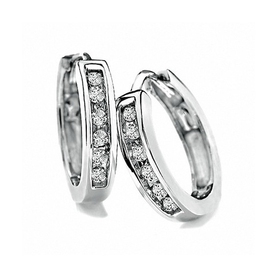 Previously Owned - 1/4 CT. T.W. Diamond Huggie Hoop Earrings in 10K White Gold Previously Owned - 1/4 CT. T.W. Diamond Huggie Hoop Earrings in 10K White Gold
