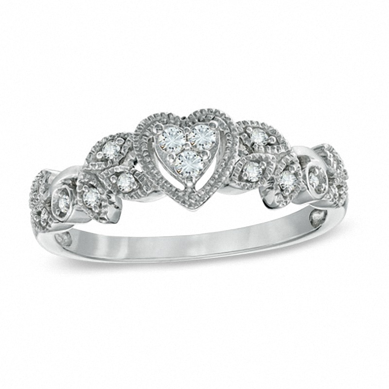 Main Image 1 of Previously Owned - 1/8 CT. T.W. Heart-Shaped Multi-Diamond Vintage-Style Promise Ring in 10K White Gold