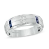 Thumbnail Image 0 of Previously Owned - Vera Wang Love Collection Men's 1/8 CT. T.W. Diamond and Sapphire Wedding Band in 14K White Gold