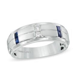 Previously Owned - Vera Wang Love Collection Men's 1/8 CT. T.W. Diamond and Sapphire Wedding Band in 14K White Gold