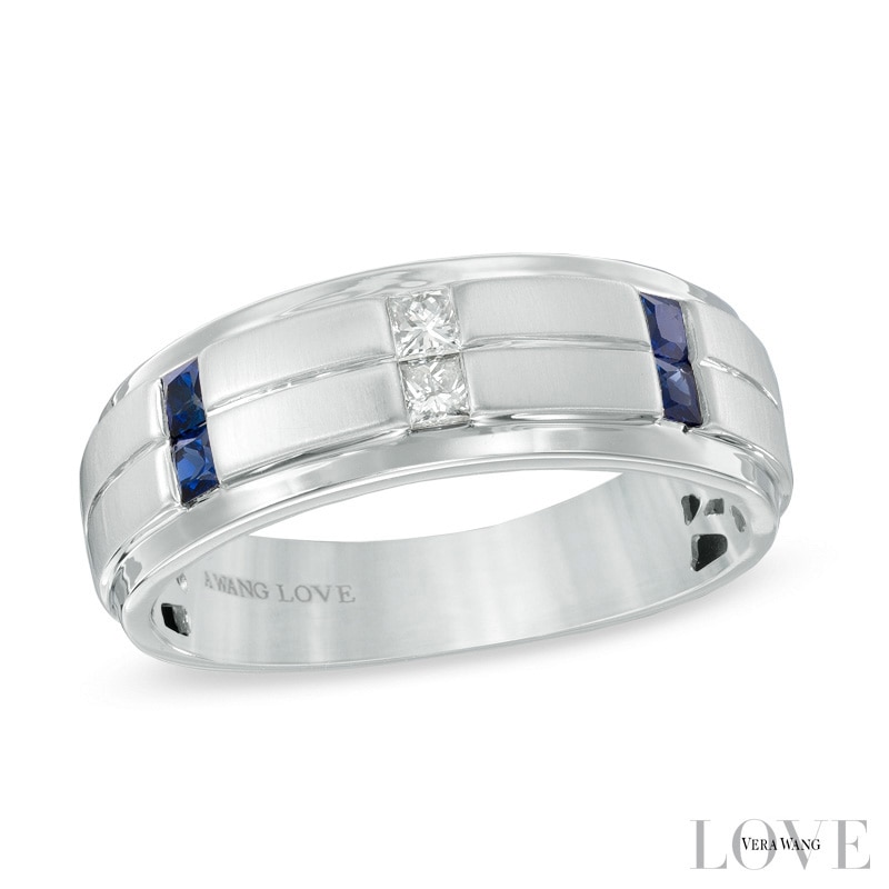 Previously Owned - Vera Wang Love Collection Men's 1/8 CT. T.W. Diamond and Sapphire Wedding Band in 14K White Gold