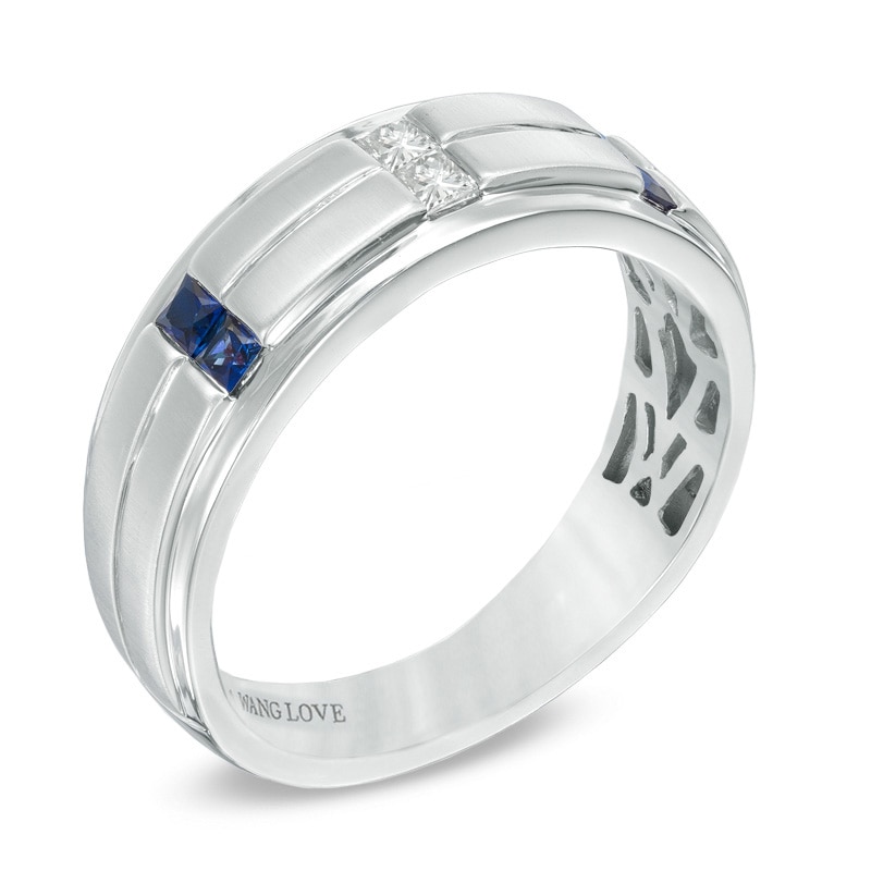 Previously Owned - Vera Wang Love Collection Men's 1/8 CT. T.W. Diamond and Sapphire Wedding Band in 14K White Gold