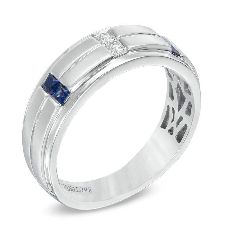 Main Image 2 of Previously Owned - Vera Wang Love Collection Men's 1/8 CT. T.W. Diamond and Sapphire Wedding Band in 14K White Gold