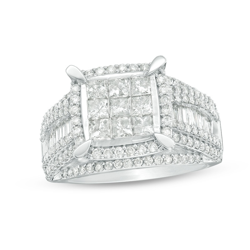 Main Image 1 of Previously Owned - 2 CT. T.W. Composite Princess-Cut Diamond Frame Multi-Row Engagement Ring in 10K White Gold