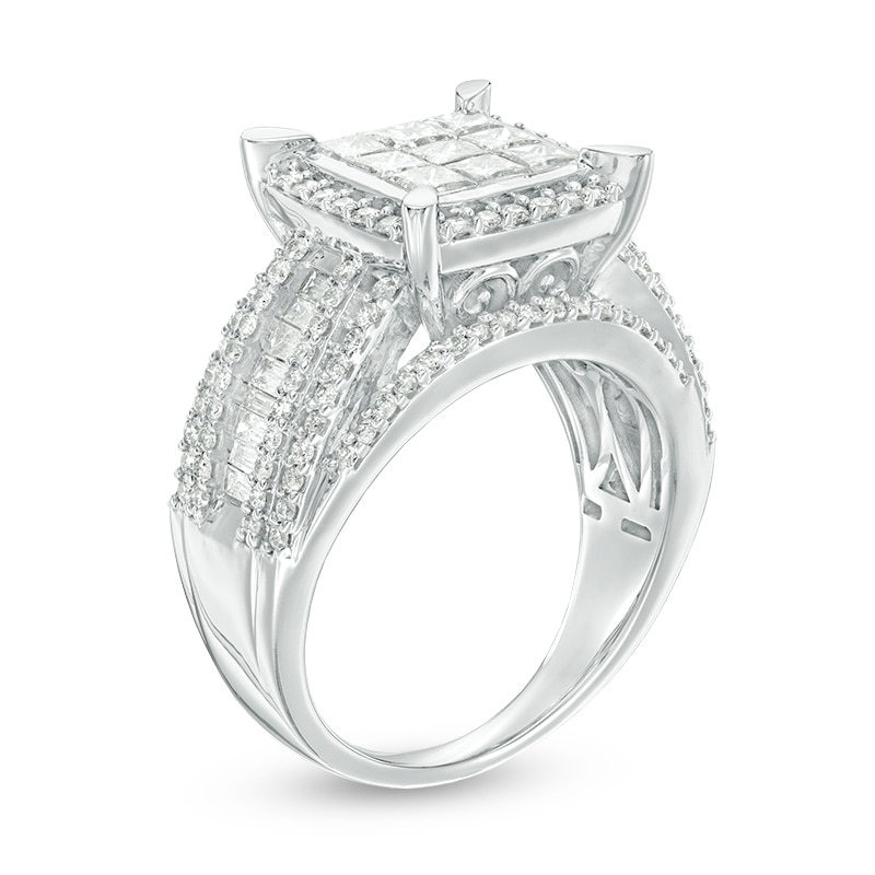 Main Image 2 of Previously Owned - 2 CT. T.W. Composite Princess-Cut Diamond Frame Multi-Row Engagement Ring in 10K White Gold