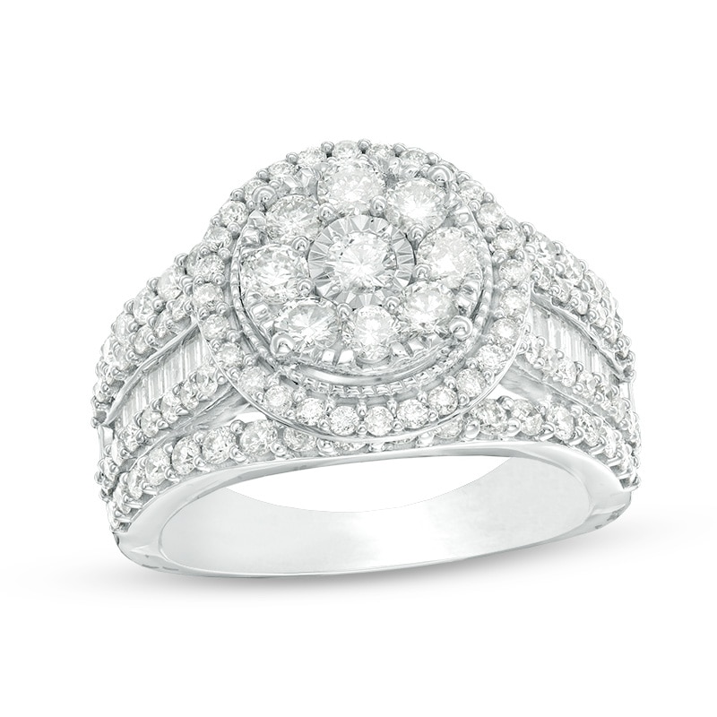 Previously Owned - 2 CT. T.W. Composite Diamond Frame Multi-Row Vintage-Style Engagement Ring in 10K White Gold