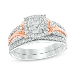 Previously Owned 1/2 CT. T.W. Composite Diamond Cushion Frame Soldered Bridal Set in 10K Two-Tone Gold