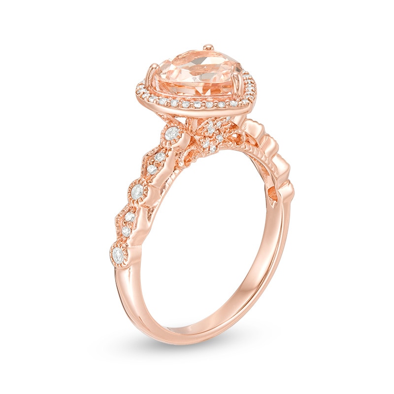 Main Image 2 of Previously Owned - Heart-Shaped Morganite and 1/3 CT. T.W. Diamond Frame Vintage-Style Ring in 10K Rose Gold