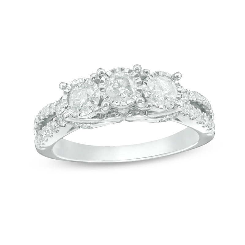 Main Image 1 of Previously Owned - 1 CT. T.W. Diamond Past Present Future® Split Shank Engagement Ring in 10K White Gold