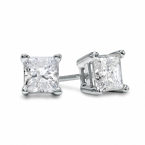 Previously Owned - 1 CT. T.W. Princess-Cut Diamond Solitaire Stud Earrings in 14K White Gold Previously Owned - 1 CT. T.W. Princess-Cut Diamond Solitaire Stud Earrings in 14K White Gold