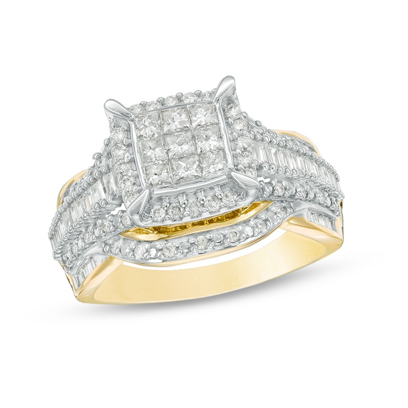 Main Image 1 of Previously Owned - 1 CT. T.W. Composite Princess-Cut Diamond Frame Multi-Row Engagement Ring in 10K Gold