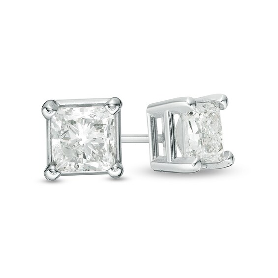 Previously Owned - 1-1/5 CT. T.W. Princess-Cut Diamond Solitaire Stud Earrings in 14K White Gold Previously Owned - 1-1/5 CT. T.W. Princess-Cut Diamond Solitaire Stud Earrings in 14K White Gold