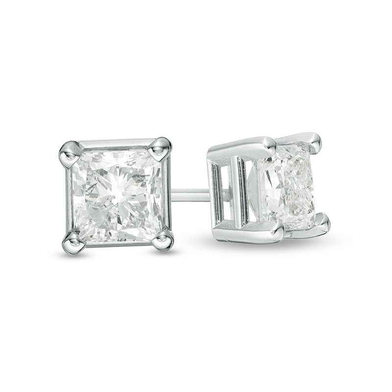 Previously Owned - 1-1/5 CT. T.W. Princess-Cut Diamond Solitaire Stud Earrings in 14K White Gold