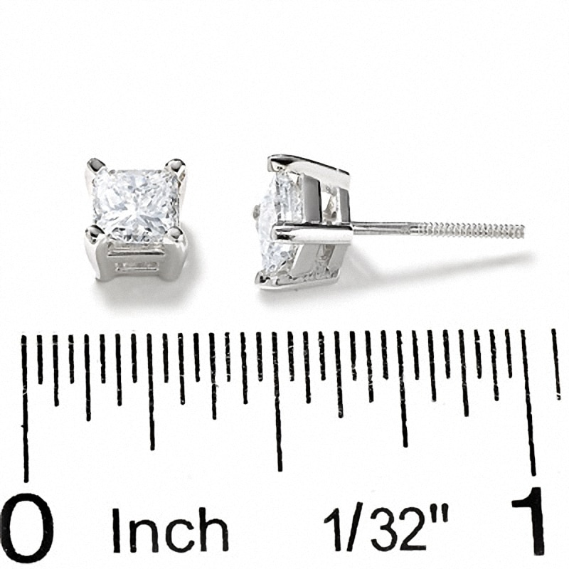 Main Image 2 of Previously Owned - 1 CT. T.W. Princess-Cut Diamond Solitaire Earrings in 14K White Gold
