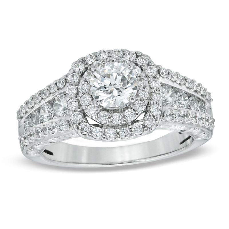 Main Image 1 of Previously Owned - Celebration Ideal 1-1/2 CT. T.W. Diamond Frame Engagement Ring in 14K White Gold